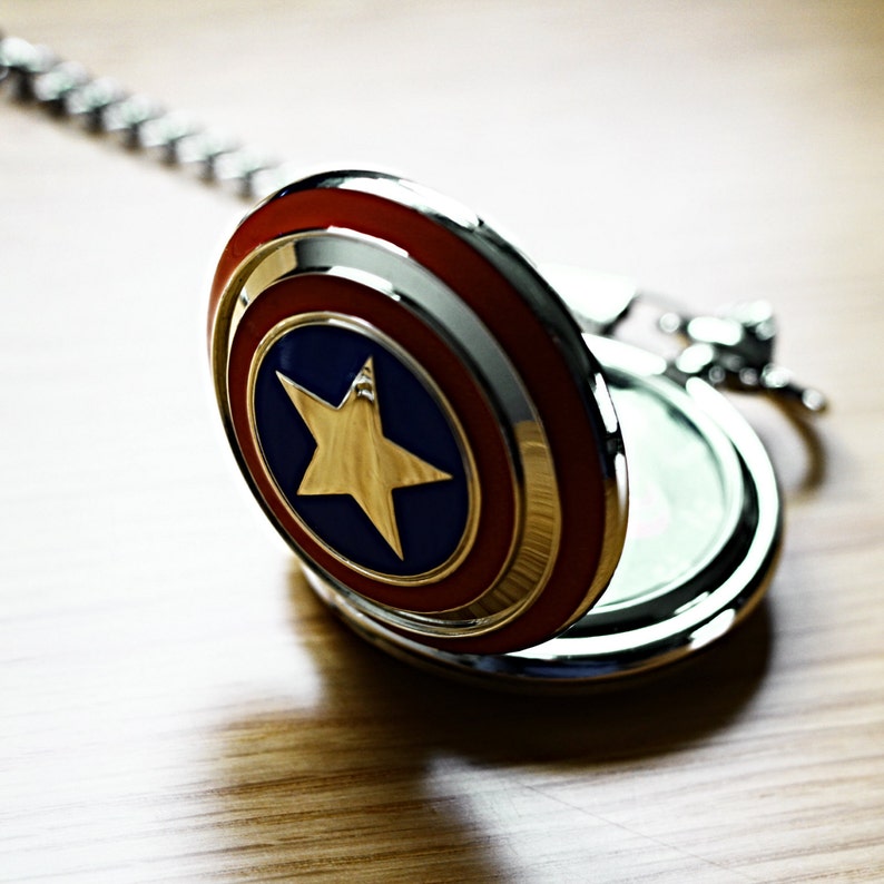 Captain America silver plated pocket watch with Marvel stars and stripes logo and silver pocket chain clasp for men's waistcoat gift for him image 1