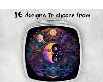 Celestial Mirrors, Compact Mirror, Double Mirror, Folding Mirrors, Purse Mirrors, Custom Mirrors, Sun Moon & Stars, Moon Phase Compact