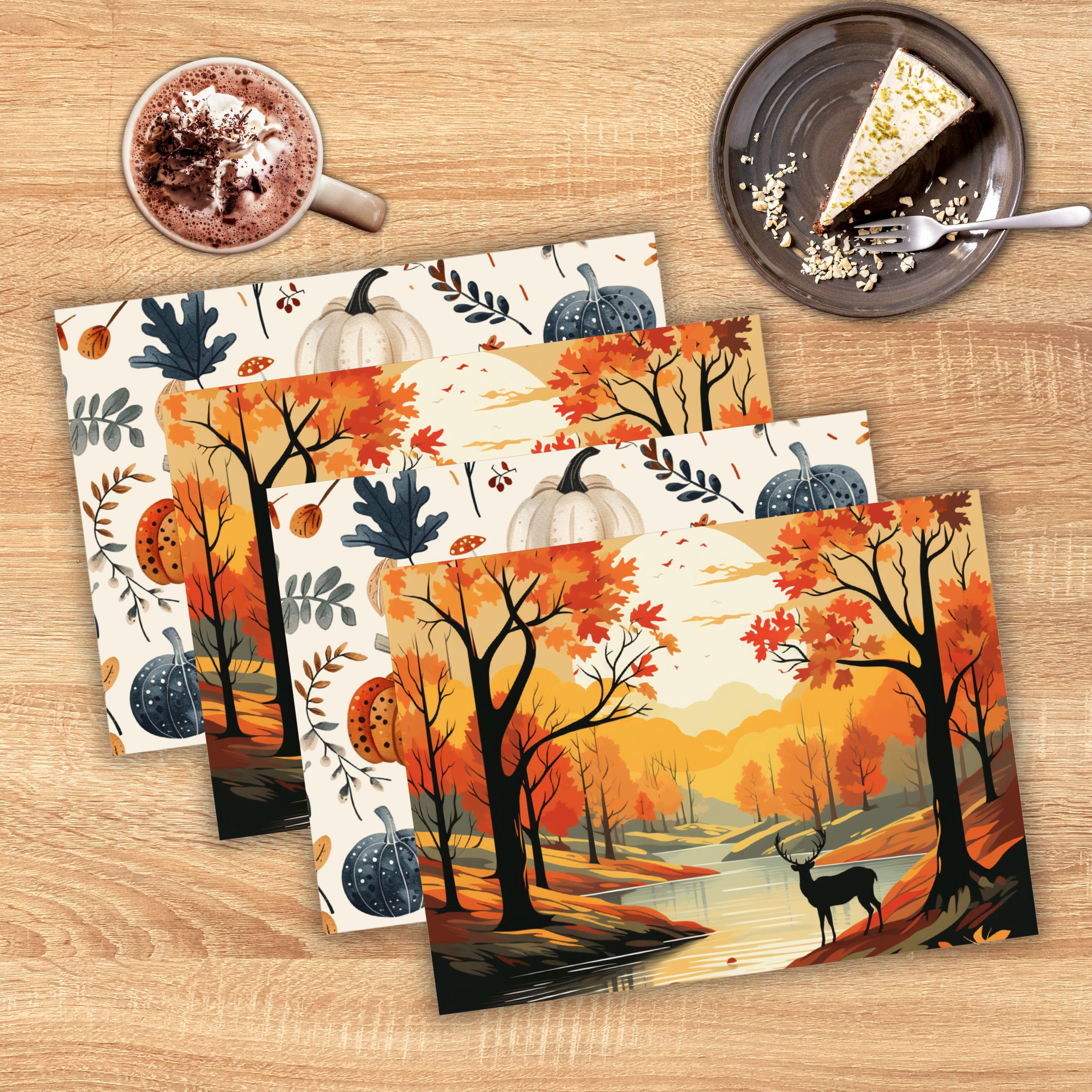 両面リネンプレースマット：秋の森とカボチャのデザイン - Etsy 日本