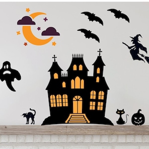 Halloween Wall Decals: Haunted House, Witch, Bats - Reusable Decor