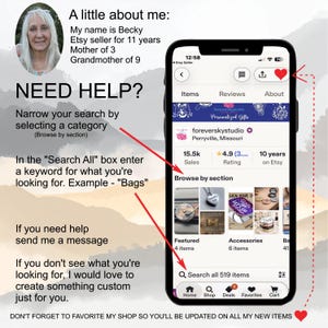 The image is a screenshot of a smartphone screen displaying an Etsy shop page, with a woman's face in the top left corner. The text on the screen provides information about the woman, her eBay account, and the items she sells. The text also suggests ways to narrow search results and browse the items, as well as offers for custom-made items.