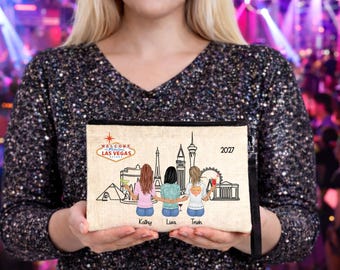 Personalized Girl's Trip Bags, Linen Name Cosmetic Bag, City Scape Toiletry Case