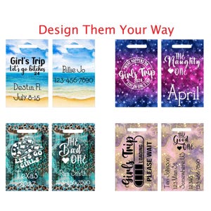 May include: Eight rectangular luggage tags with die-cut handles, featuring various designs including beach scenes, purple galaxy patterns, turquoise leopard print with cowboy hats, and pink marble backgrounds with custom text and contact information.