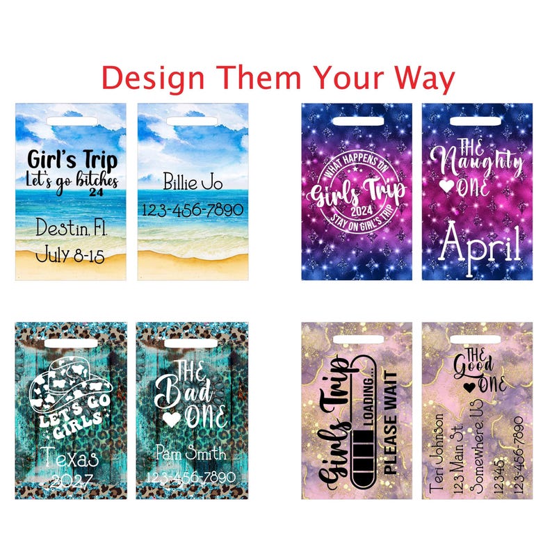 May include: Eight rectangular luggage tags with die-cut handles, featuring various designs including beach scenes, purple galaxy patterns, turquoise leopard print with cowboy hats, and pink marble backgrounds with custom text and contact information.