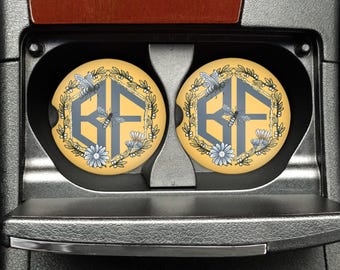 Monogram Bee Car Coasters: Personalized Sandstone Cup Holder