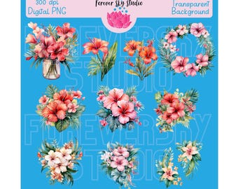 Watercolor Tropical Flower Clipart: Bouquets, Wreaths (Digital PNG)