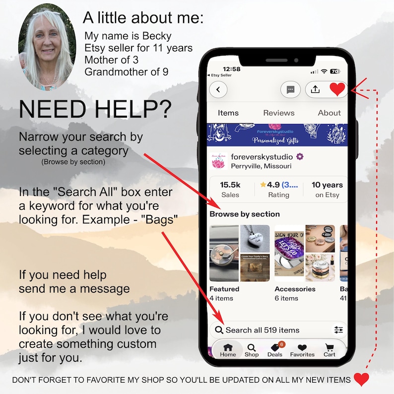 The image is a screenshot of a smartphone screen displaying an Etsy shop page, with a woman's face in the top left corner. The text on the screen provides information about the woman, her eBay account, and the items she sells. The text also suggests ways to narrow search results and browse the items, as well as offers for custom-made items.