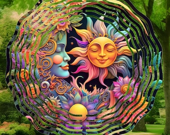 Celestial Wind Spinner: Sun and Moon Metal Yard Art