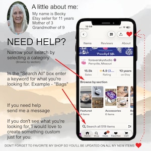 The image is a screenshot of a smartphone screen displaying an Etsy shop page, with a woman's face in the top left corner. The text on the screen provides information about the woman, her eBay account, and the items she sells. The text also suggests ways to narrow search results and browse the items, as well as offers for custom-made items.
