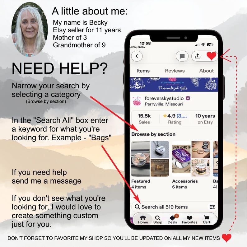 The image is a screenshot of a smartphone screen displaying an Etsy shop page, with a woman's face in the top left corner. The text on the screen provides information about the woman, her eBay account, and the items she sells. The text also suggests ways to narrow search results and browse the items, as well as offers for custom-made items.