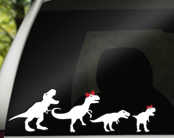 Dinosaur Family Car Decals - T-Rex Stickers with Bow Details