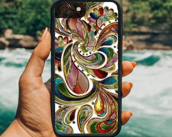 Paisley Jewel Tone Phone Case: Black Rubber, Shock Resistant