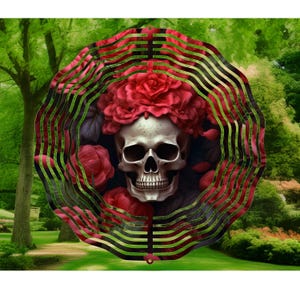 Skull and Roses Wind Spinner: 3D Gothic Garden Decor