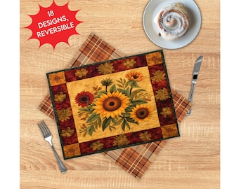 Reversible Sunflower Plaid Linen Placemats: Farmhouse Table Decor