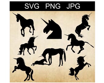 ユニコーン シルエット バンドル: 8 つの SVG、PNG、JPG ファイル (デジタル ダウンロード)