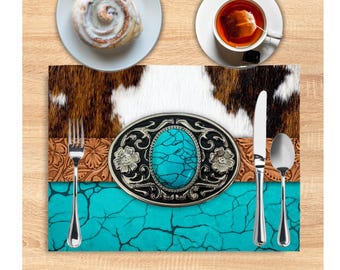 Reversible Western Placemats: Turquoise Belt and Cowhide - Linen Fabric