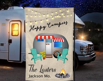 Personalized Happy Camper Garden Flag: Burlap Campground Decor