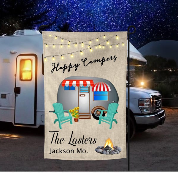 Personalized Happy Camper Garden Flag: Burlap Campground Decor