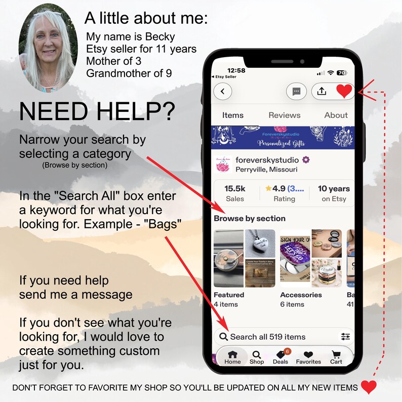 The image is a screenshot of a smartphone screen displaying an Etsy shop page, with a woman's face in the top left corner. The text on the screen provides information about the woman, her eBay account, and the items she sells. The text also suggests ways to narrow search results and browse the items, as well as offers for custom-made items.
