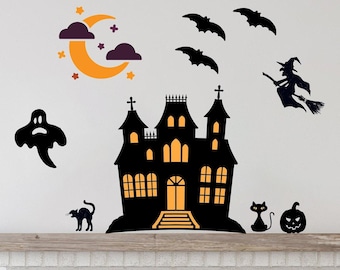 Halloween Wall Decals: Haunted House, Witch, Bats - Reusable Decor