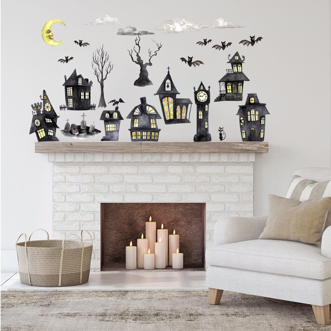 Halloween Wall Decals: Spooky Haunted Village, Reusable Stickers - Etsy