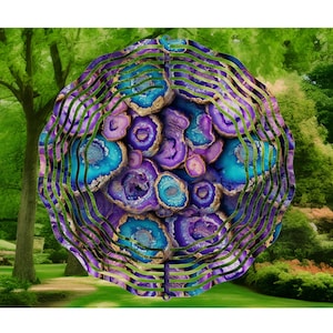 3D Geode Wind Spinner: Metal Yard Art with Glass Charm