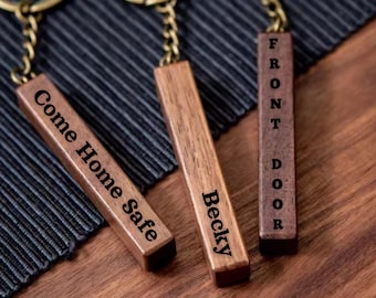 Personalized Walnut Keychain: Custom Engraved Bar - Brass Ring Included