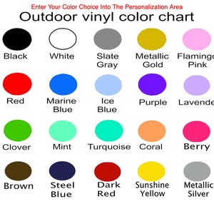 The image is a color chart that allows users to enter their color choice into the personalization area. It features a variety of colors, including black, white, slate gray, metallic gold, flamingo pink, red, marine blue, ice blue, purple, lavender, mint, turquoise, coral, berry, clover, mint, steel blue, dark blue, red, sunshine yellow, and metallic silver.