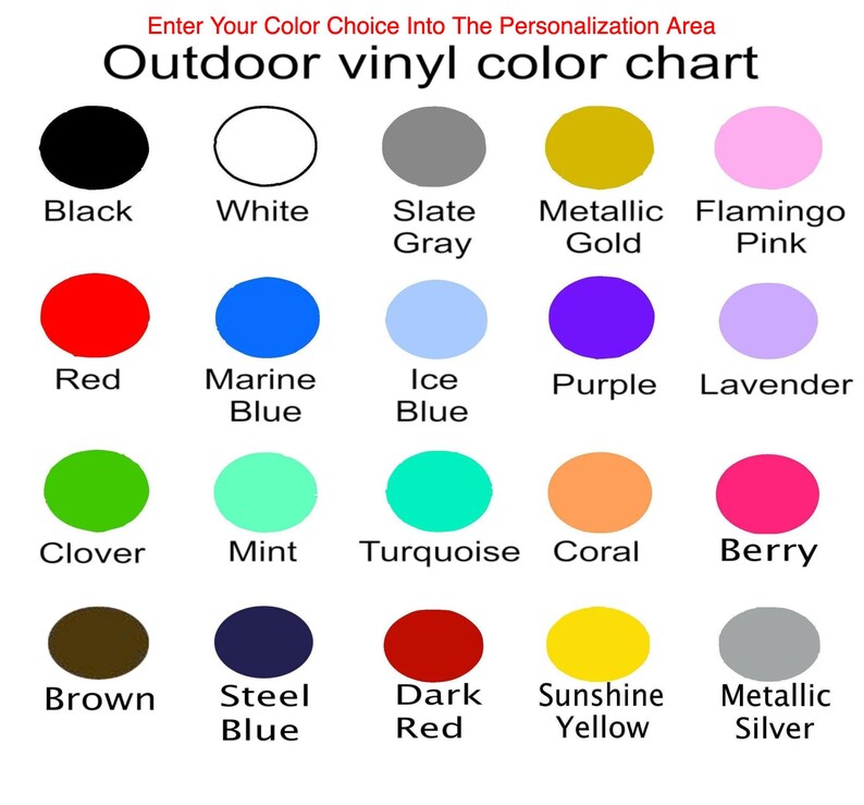 The image is a color chart that allows users to enter their color choice into the personalization area. It features a variety of colors, including black, white, slate gray, metallic gold, flamingo pink, red, marine blue, ice blue, purple, lavender, mint, turquoise, coral, berry, clover, mint, steel blue, dark blue, red, sunshine yellow, and metallic silver.
