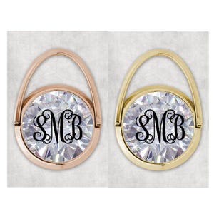 Monogram Diamond Phone Ring Grip - Slim Metal Stand, Rose Gold or Gold