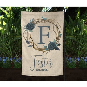 Personalized Burlap Garden Flag: Custom Monogram, Grapevine Wreath