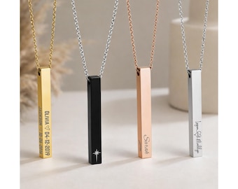 Personalized Engraved Bar Necklace, Stainless Steel 4-Sided Pendant