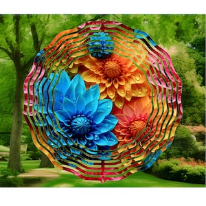 3D-windspinner met dihliabloem: metalen tuinkunst, gazonornament