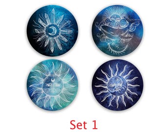 Celestial Sandstone Coaster Set, Sun & Moon table coasters with cork backing