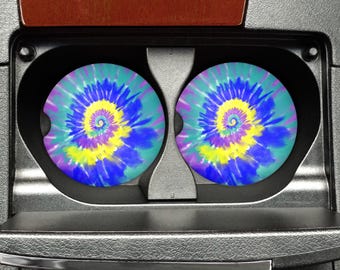 Tie Dye Car Coasters: Sandstone Set of 2 with Vibrant Colors