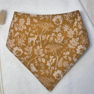 Gold bandana bib, woodland animals, dribble bib, gender neutral bibs, baby shower gift ideas, fox, deer, trees, heron
