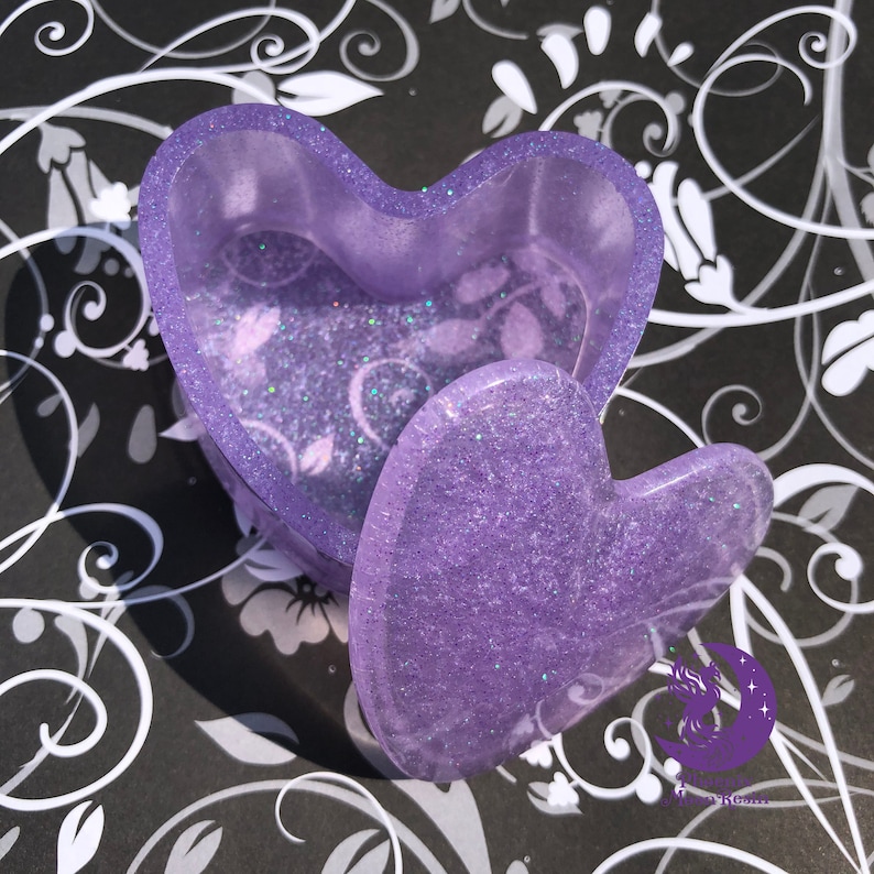 Small Lavender Glittery Heart shaped Resin Trinket Box with lid