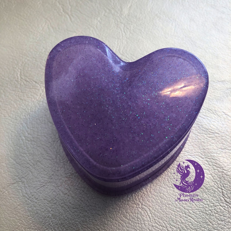 Small Lavender Glittery Heart shaped Resin Trinket Box with lid