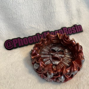 Metallic Red & Silver Resin Ashtray with Skull and Flames