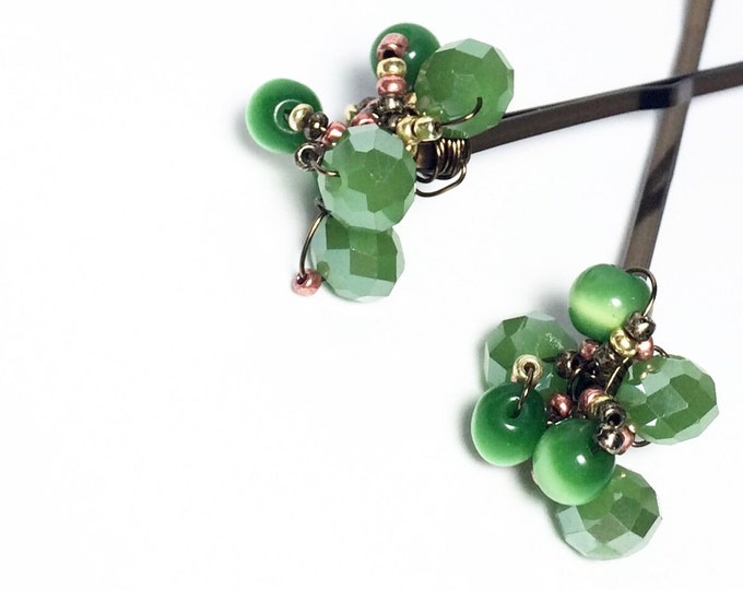 Decorative Hair Pins Green Beaded Bobby Pins Wire Wrapped Hair Clip for