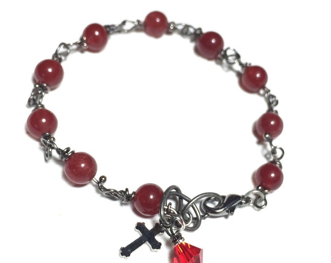 Rosary Bracelet Rosary Beads Wire Wrapped Link Bracelet With Charm Red