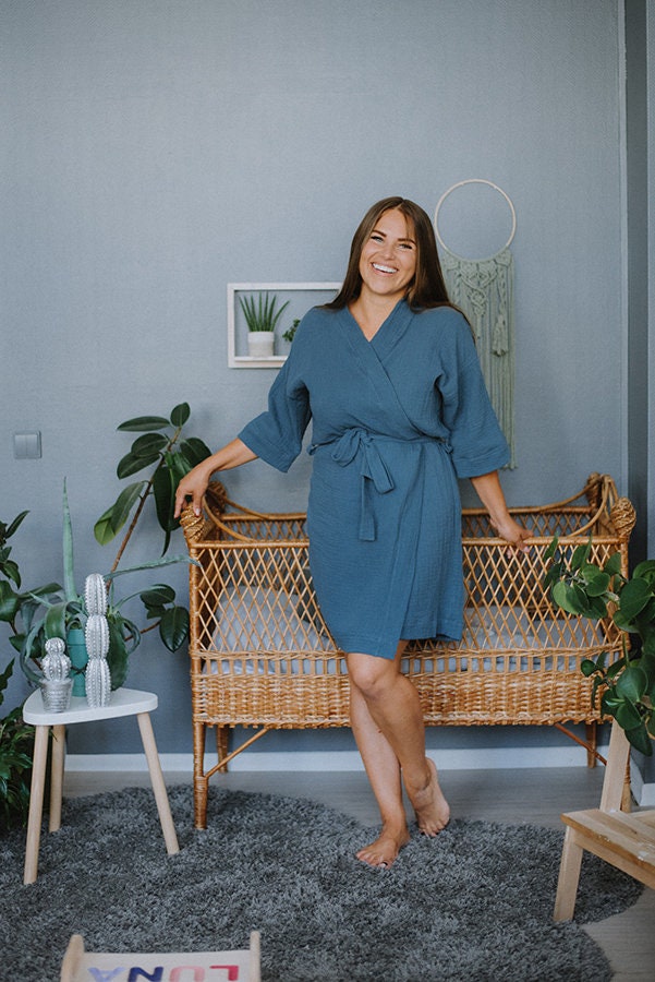 Navy Blue Bathrobe for Women Muslin Kimono Style Robe Etsy
