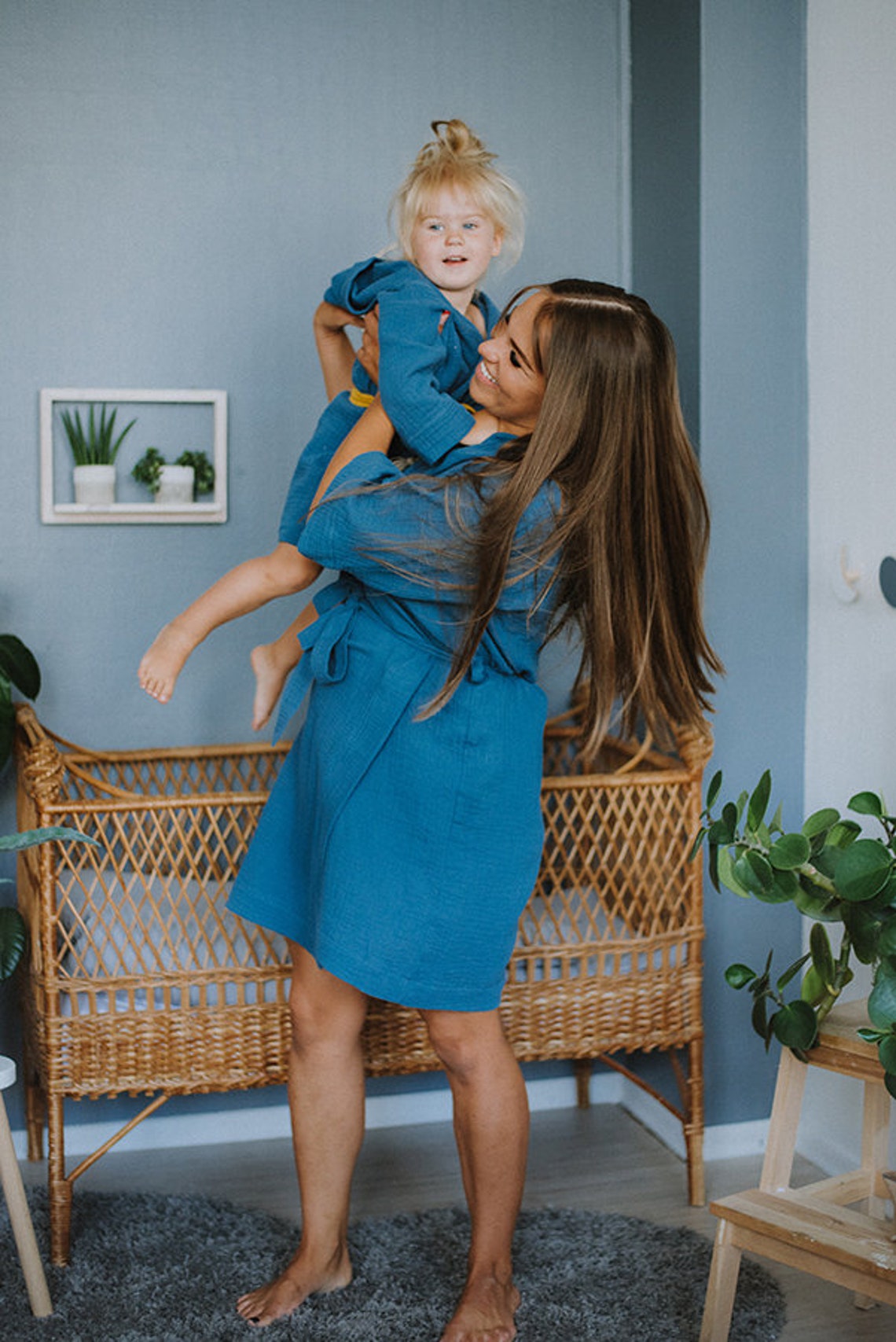 Navy Blue Bathrobe for Women Muslin Kimono Style Robe Etsy