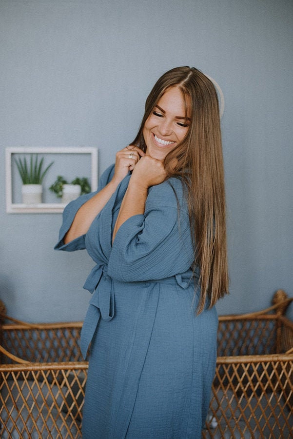 Navy Blue Bathrobe for Women Muslin Kimono Style Robe Etsy