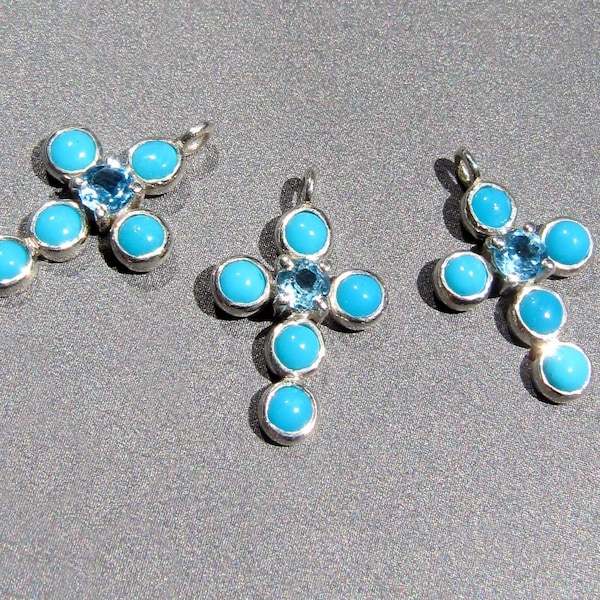 Sleeping Beauty Turquoise Silver Charm • 16x11mm Cross • 2.85mm Side Ring with 1.40mm Hole • Natural Arizona Turquoise • Swiss Blue Topaz