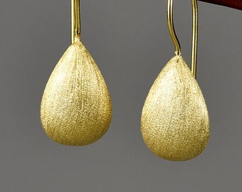 Brushed Gold Drop Earrings • 28mm • Solid Sterling Silver Stamped 925 plated with 18k Gold • Tear Drops Water Droplet Teardrop