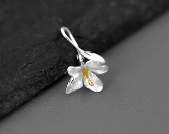Silver Freesia Flower Charm • 17x12mm Delicate Small Pendant • Sterling Silver 18k Gold Plated Stamens • Tariff Free Delivery to USA