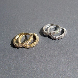 14k Gold Diamond Huggie Earrings • 11x1.75mm Thin Hoops • Single Hoop / Pair • Solid 14 Carat Yellow / White Gold • Mini Sleeper Huggies