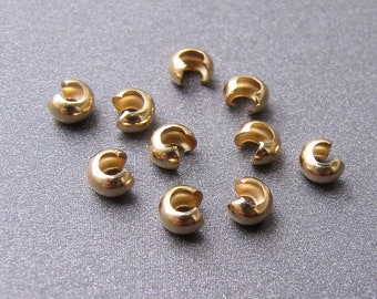 14k Gold Crimp Bead Cover • 3mm • Solid 14 carat yellow gold • Round shiny • Stringing jewellery findings • Beading jewelry supplies