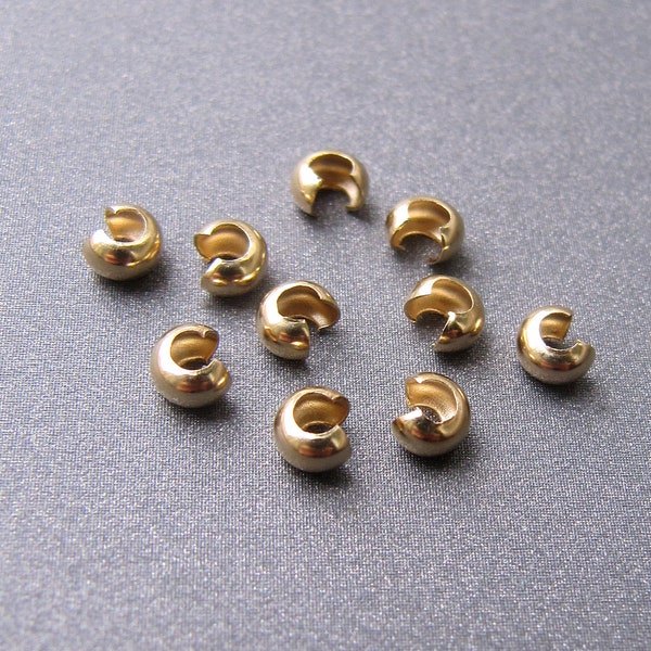 14k Gold Crimp Bead Cover • 3mm • Solid 14 carat yellow gold • Round shiny • Stringing jewellery findings • Beading jewelry supplies